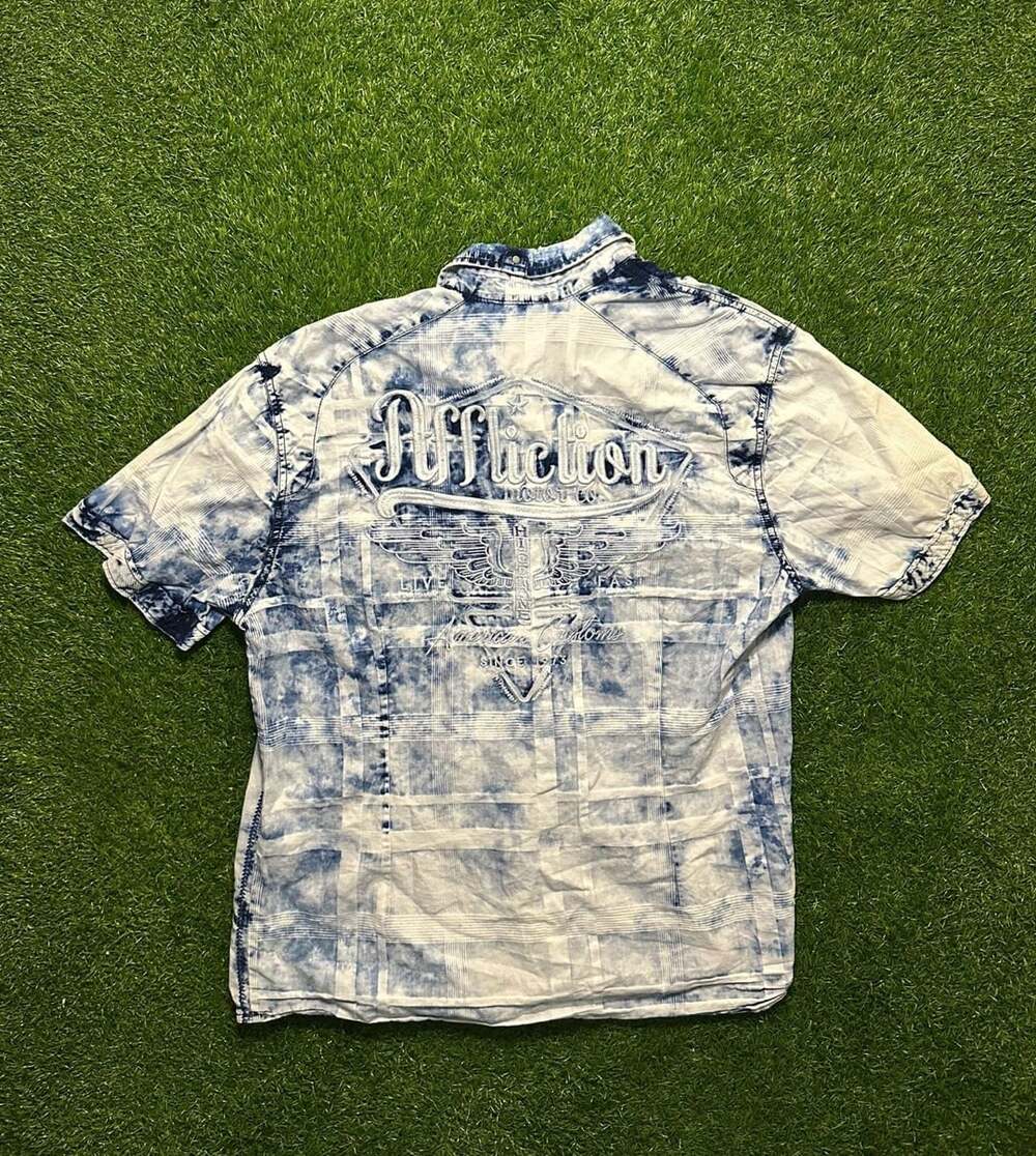 Y2K 2000s Affliction Short Sleeve Button Up Shirt Blue Acid Wash Plaid Embroider